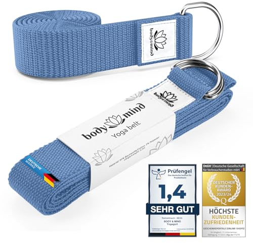 Body & Mind® Yogagurt aus 100% Natur Baumwolle - 250 cm lang; Yoga-Band mit D-Ring-Verschluss für Anfänger & Fortgeschrittene; Pilates, Yoga & Fitness Übungen (Meditationsblau)