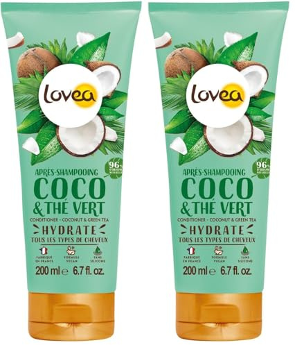 LOVEA - Après-Shampooing - Coco & Thé Vert - Hydrate & Démêle - Cheveux Tous Types - 96% d'Origine Naturelle - Sans Silicone - Vegan - Fabriqué en France - 200 ml