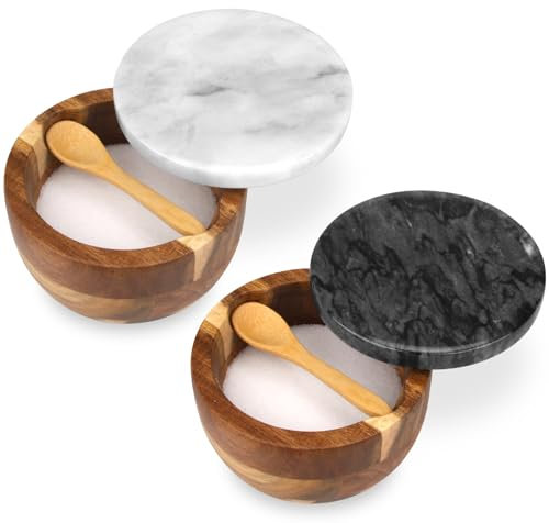HESHIBI 2 Sets Wooden Salt Cellar Box with Marble Lid & Spoon, Modern White and Black Stone Salt or Pepper Sugar Spice Seasoning Bowl Container Jar Holder Well Keeper Dish Pig Crock for Kitchen