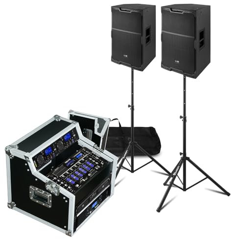Power Dynamics Complete Mobile DJ Setup - 2x PDY215 Speakers, USB/CD Mixer, Amplifier, Stands & Cables - DJ Equipment Package, DJ PA System Package for Events, Parties & Performances