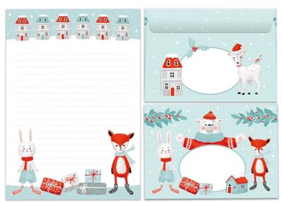 Briefpapier Set Weihnachten Weihnachtsmotiv Fuchs Blöcke Umschläge Kindermotiv für Jungen Mädchen Weihnachtsbriefpapier (Block A5 mit 25 Blätter + 15 Umschläge)