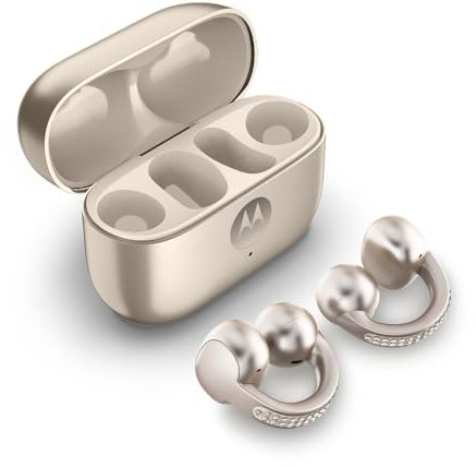 Motorola Moto Buds Loop ft. Sound by Bose (Open-Ear-Earbuds, Geräuschunterdrückung, kabelloses Laden, Akkulaufzeit bis zu 8 Std.) French Oak mit Swarovski-Kristallen, speziell bei Amazon