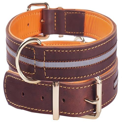 Reflektierendes Echtleder Halsband Gepolstert Verstellbar(Braun XL) | für Mittelgroße, Große und Extra Große XL-Hunderassen