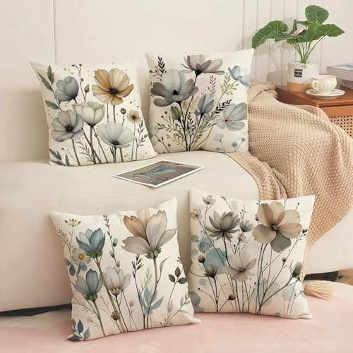 XBZYS Blumen Kissenbezug 45x45 4er Set Dekokissen, Florale Kissenbezüge Dekoration Leinen Sofakissenbezug Sofakissen Dekorative Kissenhülle für Sofa Schlafzimmer Couch Schlafzimmer