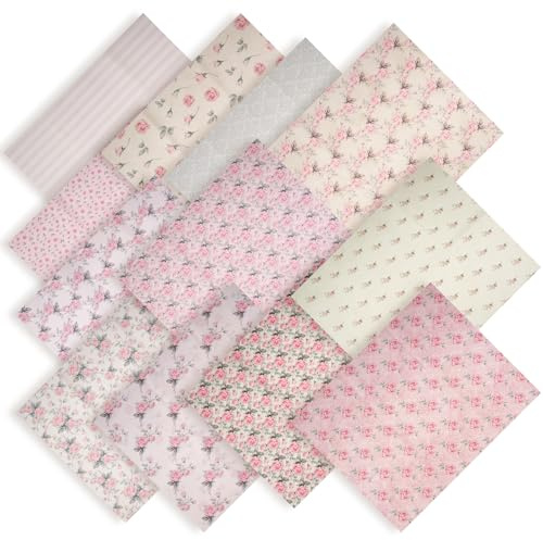 Bomull + polyestertyg tryckta lappverk tyger retro blommig lapptäcke kvadrater för sömnad quiltning hantverk (rosa blomma, 12 st 45 x 55 cm)