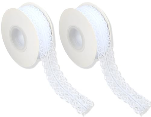 2 Rollen à 22 m, 3 cm Breit Spitzenband Weiß Vintage, Spitzenborte Weiss, Vintage Dekoband für Hochzeit, Schleifenband zum Basteln, Nähen, Geschenkverpackung, Floristik, DIY Deko, Tischdeko & Handwerk