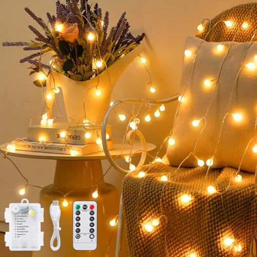 JOJOlife Globe Fairy Lights, Warm White String Lights with Remote, 15 m/49 ft, 100 LED, Battery or USB Powered, 8 Lighting Modes, Indoor or Outdoor - Suitable for Bedroom, Garden, Christmas, Party