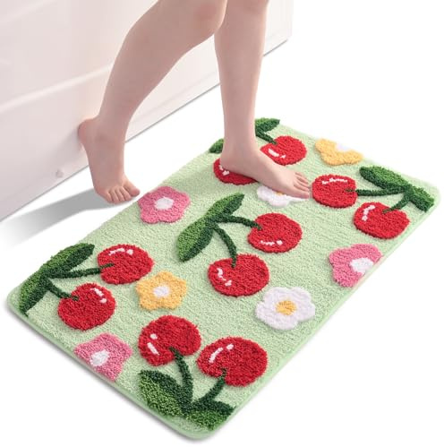QJHOMO Green Bath Mat Non Slip Bathroom Mats 50 x 80 cm, Cute Cherry Bathroom Accessories Flower Floor Mat, Thick Soft Microfiber Bathmat Machine Washable Bath Rug Absorbent Carpet for Bedroom