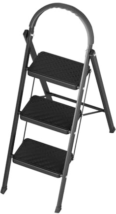 Trittleiter 3 Stufen Klappbar, Leiter 3 Stufen, Klapptritt mit Anti-Rutsch-Pedal und Handläuf, bis 150 kg, Leicht Tragbare Klappleiter, Klappbare Tritthocker für Haushalt, Schwarz