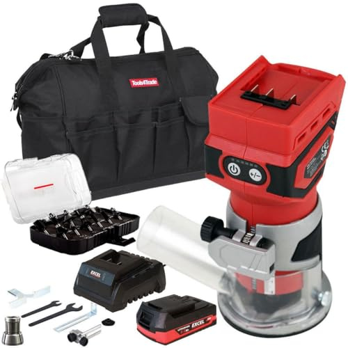 Excel 18V 1/4 Router Trimmer with 1 x 2.0Ah Battery Fast Charger, Bag & 12 Piece Cutter Set