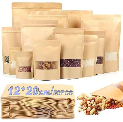 50pcs Kraft Paper Bags with Window 4.7in*7.8in/12cm*20cm Resealable Ziplock Kraft Paper Bags Resealable Waterproof for Jam Coffee Beans Tea Tea Spices Food Storage