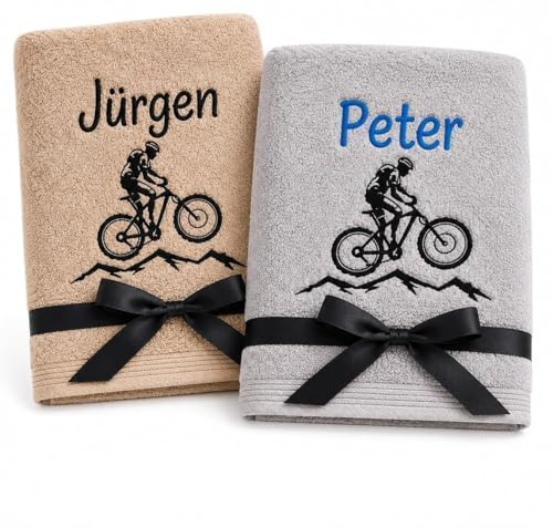 Wuff-Dogsworld Geschenk für Radfahrer, Handtuch personalisiert mit Fahrrad Motiv und Namen Bestickt, zum Geburtstag für Radsportler Männer und Frauen, Zubehör Rennrad Fahrer