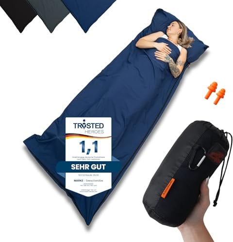 SEESCHWALBE Hüttenschlafsack Baumwolle - Hüttenschlafsack ultraleicht und ultradünn ohne Fütterung - Reiseschlafsack Kleines Packmaß als Inlett mit Kissenfach - Kompakt & Klein