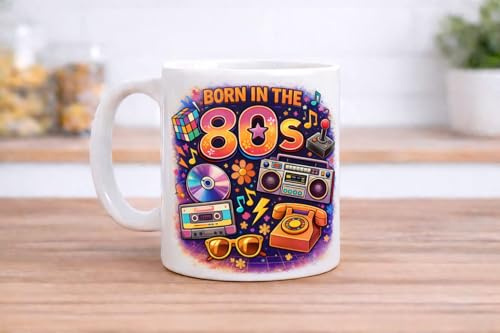 Born in The 80s Ceramic Mug, Retro Eighties Theme, White Coffee Cup with Vibrant Nostalgic Design