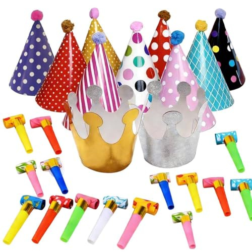 11 Pezzi Cappellini Festa Compleanno, in Carta con Corona Cono Colorati Fischietti, Cappelli Cono Cappello Corona, Cappellino in Carta con Corona con Pom, per bambini, festival, baby, Decor Festa