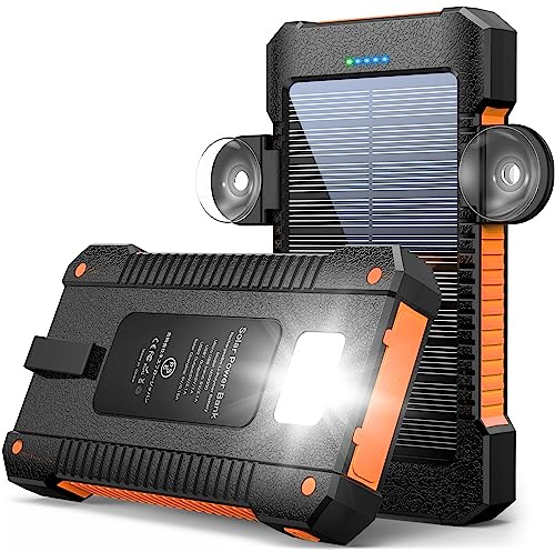 Solar Powerbank 26800 mAh mit Saugnapfhalterung, Powerbank Externe Akkus 3 USB Anschlüsse mit Taschenlampen Dauerlicht/SOS/Stroboskop wasserdichte Outdoor Solar Ladegerät für Handy (Orange)