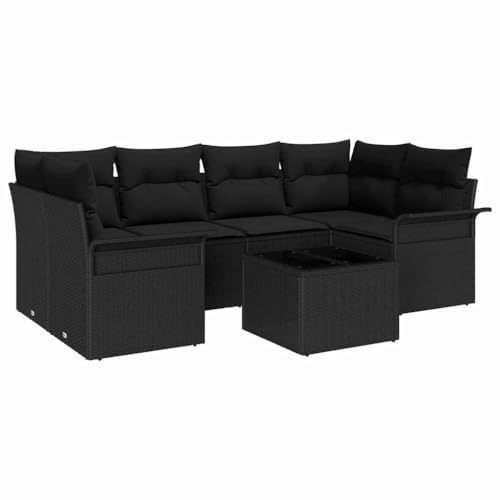 Foknhdi Gartensofa Set 7-teilig Schwarz Poly-Rattan Lounge Eckbank Modular mit Stauraum 110 x 55 cm Sitzfläche Glastisch Robust Wetterfest für Terrasse Balkon Garten