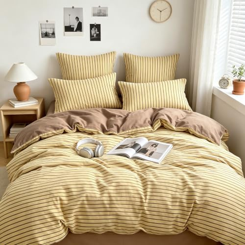Freyamy Bettwäsche 200x220cm 3teilig Gelb Braun Gestreift Bettwäsche | Aesthetic Streifen Bettwäsche-Sets Microfaser OEKO-TEX Deckenbezug 1 Bettbezug mit Reißverschluss und 2 Kissenbezug 80x80cm