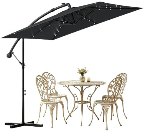 Soontrans Parasol de Jardin Exterieur 2,5 × 2,5 m avec LED et Pied, Parasol Déporté à Inclinaison Réglable avec Housse de Protection Résistant au Vent et Anti-UV, pour Jardin, Patio, Noir