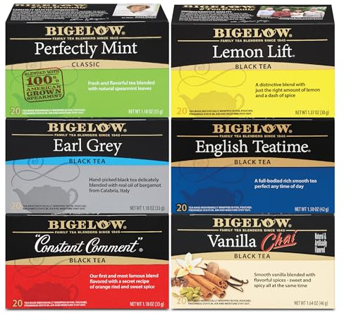 Bigelow Tea Black Tea 6 Flavor Variety Pack, Caffeinated Tea with Mint, Lemon, Constant Comment, English Teatime, Earl Grey, and Vanilla Chai, 20 Count Box (Pack of 6), 120 Total Tea Bags