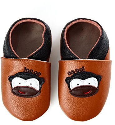 smileBaby Premium Leder Lauflernschuhe Krabbelschuhe Babyschuhe Braun AFFE 0 bis 6 Monate