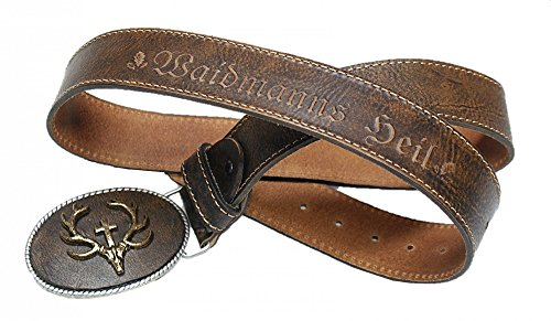 Trachtengürtel Hirsch echt vergoldet Herren Trachten-Gürtel für Lederhose Ledergürtel echt Leder braun mit Patina Handarbeit Made in Austria Unikat Hirschkopf Jagd Jäger, Größe/Länge:150