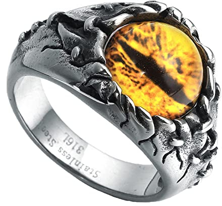 HIJONES Herren Gothic Biker Drachen Dämon Augen Ring aus Edelstahl Gelb Edelstein Größe 57