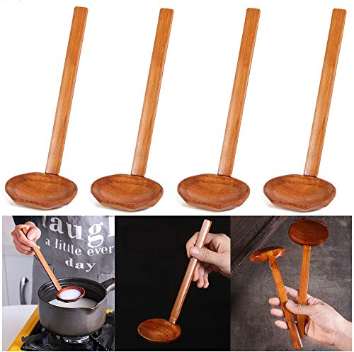 TheStriven 4 Pieces Japanese Long Handle Large Spoon Ramen Spoon Wooden Spoons Tortoise Shell Spoon Wood Rice Soup Dessert Spoon Kitchen Dinner Tableware Set for Eating Mixing Stirring Cooking