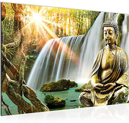Runa Art Bild Buddha Wasserfall Modern Wandbilder Wohnzimmer Schlafzimmer 1 Teilig - Made In Germany - Feng Shui Bunt Flur 012115a