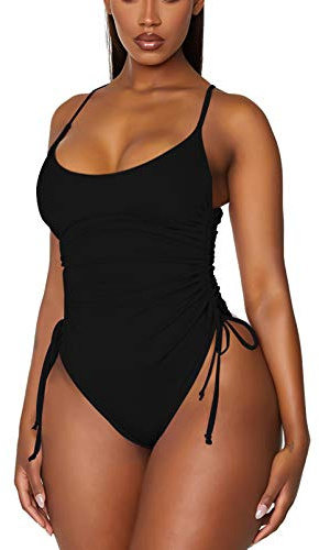 Viottiset Women's Ruched High Cut One Piece Swimsuit Tummy Control Cheeky Bathing Suit Black Small