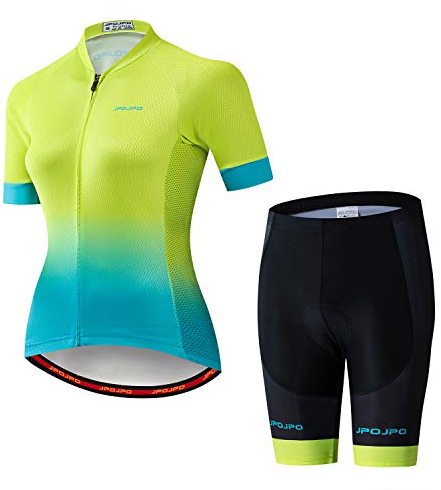 Damen-Fahrradtrikot-Set, kurzärmelig + 5D-gepolsterte Fahrradhose, schnelltrocknend, reflektierend, 3 Taschen, S-3XL, Jp2016, L