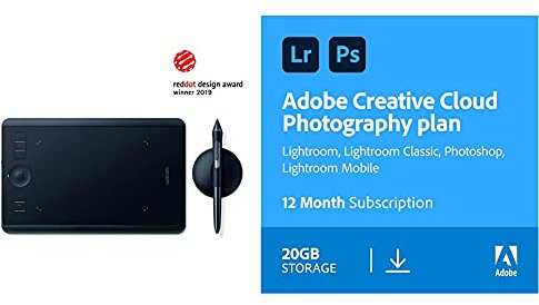 Wacom Intuos Pro Graphic Tablet (Size: S)/ Professional Pen Tablet Includes Wacom Pro Pen 2 Stylus with Replacement Nibs, Adobe Creative Cloud Photography plan 20GB: Photoshop + Lightroom| 1 Year