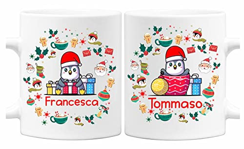 Colorfamily Coppia Tazze Mug Natale PERSONALIZZABILE Pinguini Personalizza con nome Merry Christmas Regalo Natale