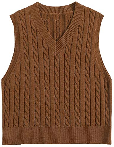 Locachy Damen Vintage Lose V-Ausschnitt Ärmellos Zopfmuster Preppy Style Pullover Pullover Weste, Braun, Mittel
