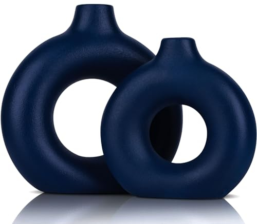 Juego de 2 jarrones de cerámica Azul – Jarrones Decorativos Circulares de Color Azul Marino para decoración del hogar, Granja, Sala de Estar, Cocina, Dormitorio, Mesa de Comedor y Decor de Oficina
