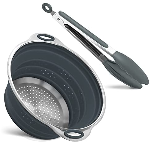 Nudelsieb & Salatzange Grau Edelstahl und Silikon Sieb Küchensieb Faltbar Abtropfsieb Hitzebeständig und Platzsparend
