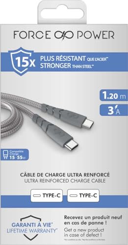 Câble Ultra-renforcé USB C/USB C 1,2m 3A Garanti à Vie Gris - 100% Plastique recyclé Force Power