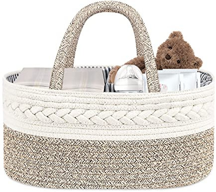 Moseem Nappy Caddy Organiser, Diaper Caddy Baby Essentials for Newborn,Multifunctional Nappy Caddy Organiser Portable Nursery Storage Basket with Changeable Compartments,Cotton Woven Rope