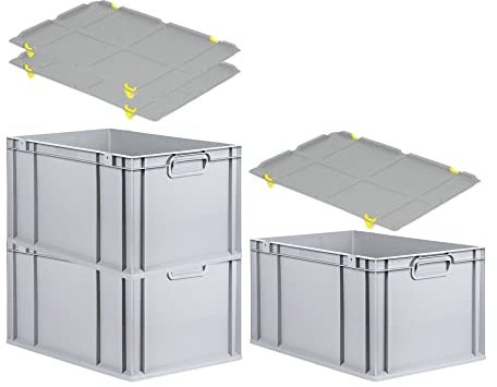 PROREGAL SuperSparSet 3x Eurobox NextGen Grip mit Auflagedeckel & 4 gelben Schiebeschnappverschlüssen, HxBxT 32x40x60cm, 65 L, Grau, Griffe geschlossen, Eurobehälter, Transportbox