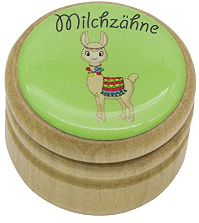GICO Milchzahndose, Zahndose Milchzähne Bilderdose mit diversen Motiven aus Holz für Jungen und Mädchen mit Drehverschluss 44 mm (Lama)