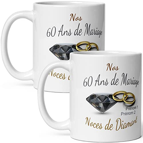 Mug duo 60 ans noces de diamant personnalisable anniversaire mariage 2 prénoms tasse Idée Cadeau Originale Famille couple mari femme noel fete époux épouse
