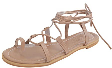 Sandales d'été pour femme en cuir avec sangle fine et bride combinée à bout plat avec sangle de cheville - Sandales habillées Fl, kaki, 38.5 EU