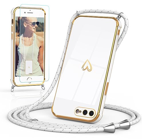 Togestar Funda protectora para iPhone 7 Plus/8 Plus con banda y protector de pantalla, protección de cámara corazón Love Design 360 grados resistente a los golpes, silicona TPU con cordón para colgar,