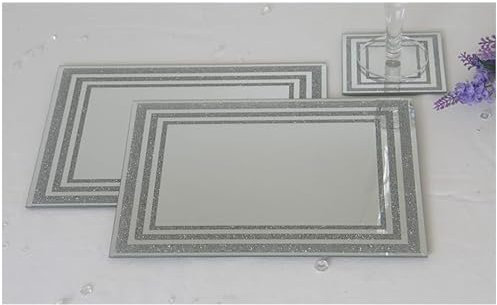 Deenz Line Center Glitter Set Of Coasters 10X10Cm Placemat 22X29Cm & Center Plate 20Cm Glass Mirrored Sparkle Dining Table Mats Kitchen Luxurious (4 Coasters + 4 Placemats + 1 Center Plate)
