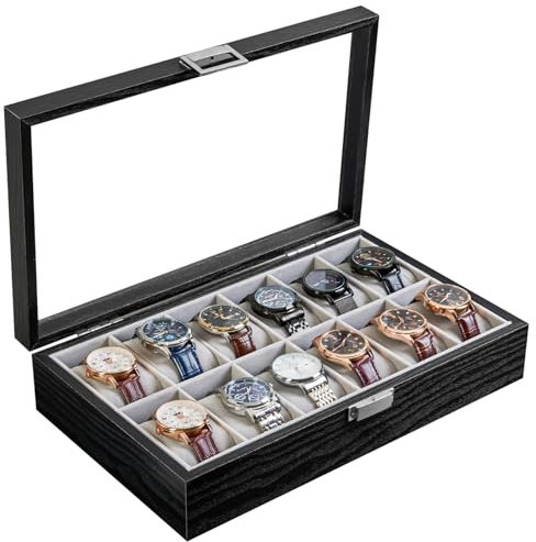 ProCase Porta Orologi Uomo in Legno 12 Slot, Scatola Porta Orologi, Cofanetto Espositore Orologi per Uomo Donna -Nero