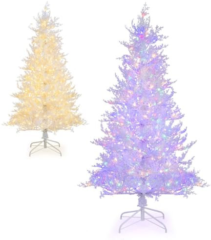 GYMAX 6FT Pre-lit Christmas Tree, Hinged Artificial Xmas Tree with 383 Snow Flocked Branch Tips, 300 Warm White & LED Lights, 11 Dynamic Modes & Timer, Holiday Decoration Tree for Home Party