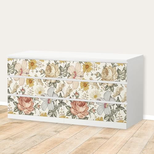 Unik Nordic Aufkleber Set Vintage Blumen für MALM Kommode mit 160 cm Schrankbreite, 6 Schubladen-Folien, Sticker für Schrank, Möbelfolie fürs Kinderzimmer, Schrankfolie für Kinder