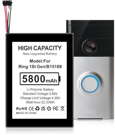 B15169 Batterie de rechange 5800 mAh pour Ring Video Doorbell 1st Gen 5 broches 1ère génération