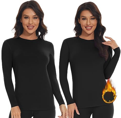 SIMIYA Thermo Unterhemd Damen Thermoshirt Langarm Thermounterwäsche Thermo Oberteil Warme Unterwäsche Winter Thermal Base Layer mit Innenfleece,2 Pack Schwarz,S