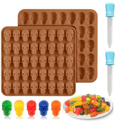 IKOPFLN 2 PC 80 Cavité Moule en Silicone en Forme de tête de Mort Mini moules en Silicone pour Halloween avec 2 Compte-Gouttes pour Chocolat, Bonbons, gelée
